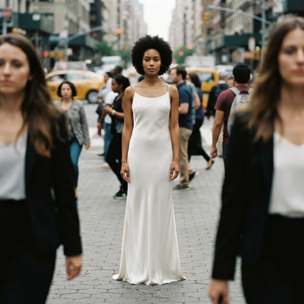 An elegant woman in a white dress walking through a crowded Manhattan street while people look at their phones
