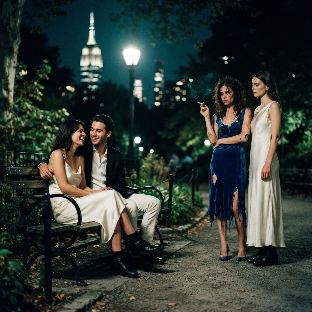 A couple talking on a park bench while a woman in a torn blue dress and a woman in a white dress watch from across the park